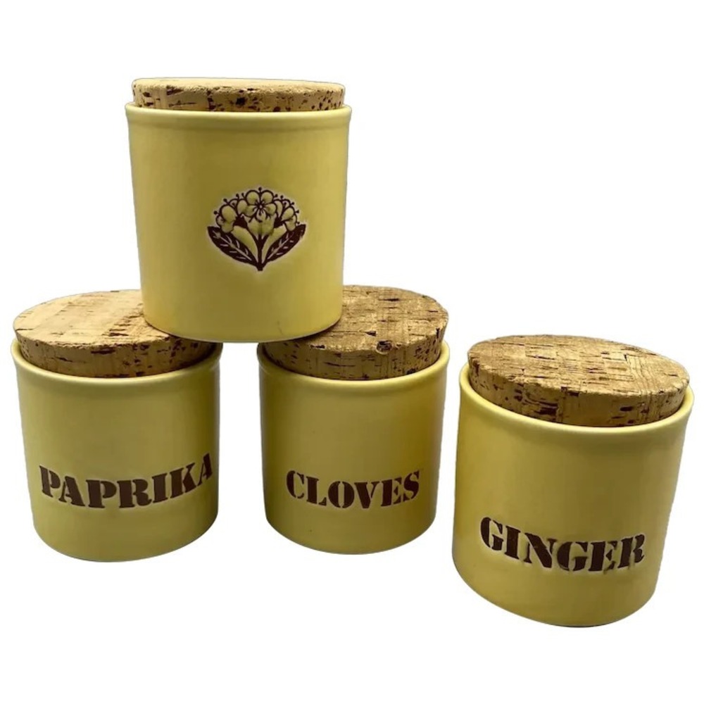 Vintage Kiln Craft Ceramic Spice Jars Cork Lid Made in England Yellow‎ Kilncraft